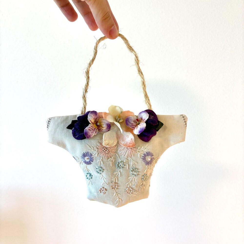 Vintage Handmade Floral Sachet Wall Hanging Cottage Embroidered Potpourri Pillow